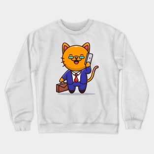 Cat Businessman With Phone Crewneck Sweatshirt